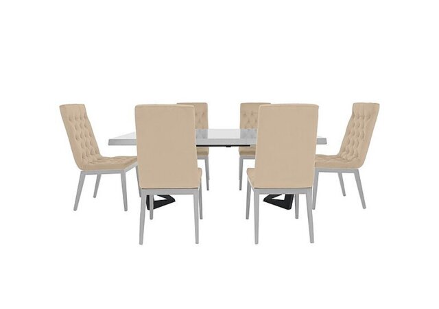 Palazzo 160cm Extending Dining Table in Glossy White with 6 Capitonne Buttoned Chairs - Aquos Cream