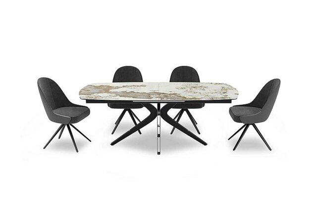 Jose Large Calcatta Marble Pop-up Extending Dining Table with 4 Swivel Chairs - Anthracite