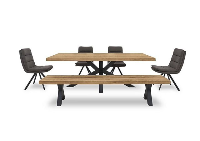 Bodahl - Njord Raw Edge Dining Table with Metal Star Base, Bench and 4 Anthracite Fabric Swivel Chairs - 220-cm