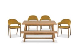 Stratford Small Extending Dining Table with Bench and 4 Fabric Dining Arm Chairs - Mustard Velvet
