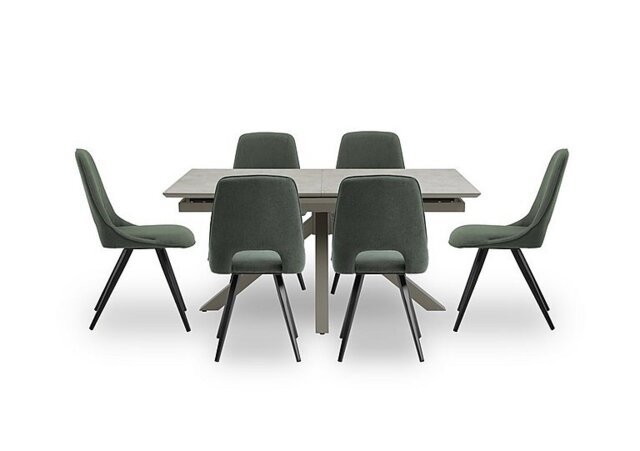 Matera Pop Up Extending Dining Table with Star Base and 6 Fabric Chairs with Black Legs