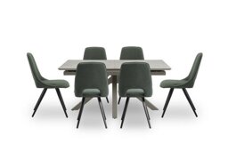 Matera Pop Up Extending Dining Table with Star Base and 6 Fabric Chairs with Black Legs