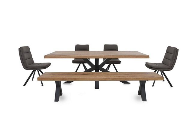 Bodahl - Njord Raw Edge Dining Table with Metal Star Base, Bench and 4 Anthracite Fabric Swivel Chairs - 220-cm - Old Bassano