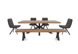 Bodahl - Njord Raw Edge Dining Table with Metal Star Base, Bench and 4 Anthracite Fabric Swivel Chairs - 220-cm - Old Bassano
