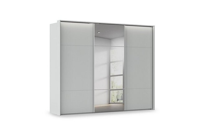 Rauch - Haven 280cm 3 Door Slider Wardrobe with 2 Décor Doors, 1 Mirror Door and Lights - Silk Grey/Silk Grey Front