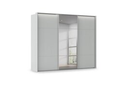 Rauch - Haven 280cm 3 Door Slider Wardrobe with 2 Décor Doors, 1 Mirror Door and Lights - Silk Grey/Silk Grey Front