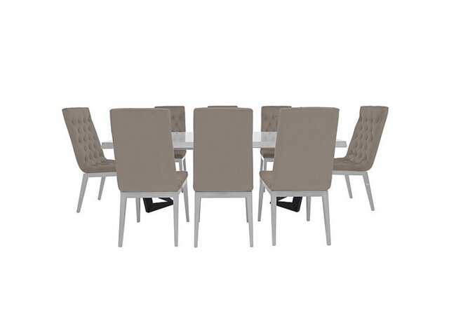 Palazzo 160cm Extending Dining Table in Glossy White with 8 Capitonne Buttoned Chairs - Scarlet Taupe