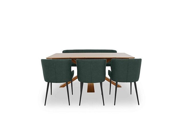 Hanoi Fixed Dining Table with Wooden Base and 3 Faux Leather Chairs and a Bench - Bottle Green