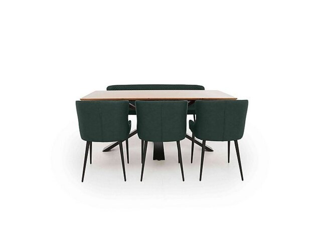 Hanoi Fixed Dining Table with Metal Base and 3 Faux Leather Chairs and a Bench - Bottle Green