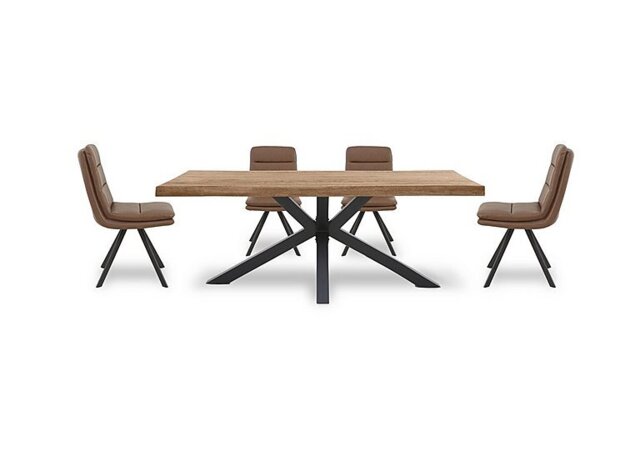Bodahl - Njord 160cm Compact Raw Edge Dining Table with Metal Star Base and 4 Tan Faux Leather Swivel Chairs