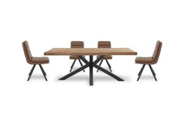 Bodahl - Njord 160cm Compact Raw Edge Dining Table with Metal Star Base and 4 Tan Faux Leather Swivel Chairs