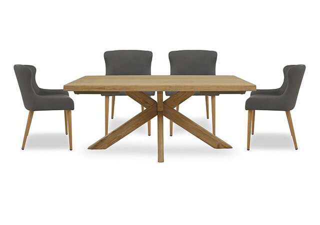 Riga Dining Table with Wooden Star Base and 4 Upholstered Chairs - 180-cm - Grey