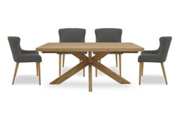 Riga Dining Table with Wooden Star Base and 4 Upholstered Chairs - 180-cm - Grey