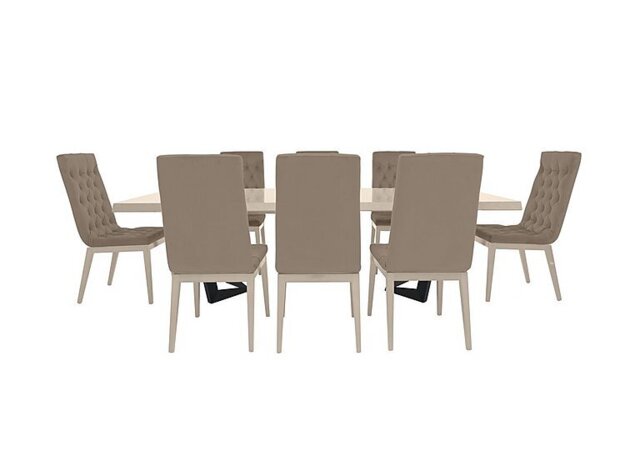 Palazzo 200cm Extending Dining Table in Sand Birch with 8 Capitonne Buttoned Chairs - Aquos Taupe