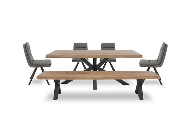 Bodahl - Njord Raw Edge Dining Table with Metal Star Base, Bench and 4 Grey Faux Leather Swivel Chairs - 240-cm - Old Bassano