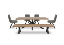Bodahl - Njord Raw Edge Dining Table with Metal Star Base, Bench and 4 Grey Faux Leather Swivel Chairs - 240-cm - Old Bassano