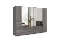 Wiemann - Amara 300cm 6 Door Bifold Combi Wardrobe with 4 Mirror Doors, 2 Glass Doors and 6 Glass Drawers - Lava