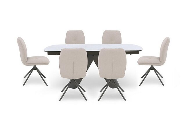 Perla Gloss Extending Dining Table and 6 Faux Leather Swivel Chairs - 180-cm