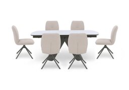 Perla Gloss Extending Dining Table and 6 Faux Leather Swivel Chairs - 180-cm