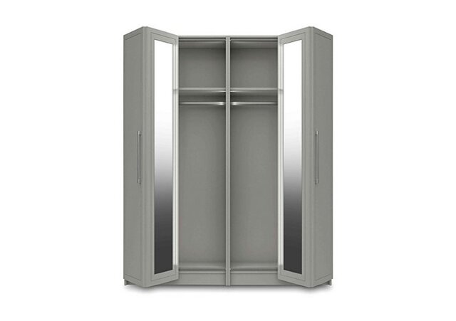 London Bedrooms - Bexley 4 Door Bifold Wardrobe with Mirror Door and Interior Lighting - Light Grey Gloss