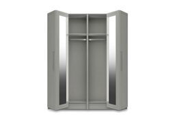 London Bedrooms - Bexley 4 Door Bifold Wardrobe with Mirror Door and Interior Lighting - Light Grey Gloss