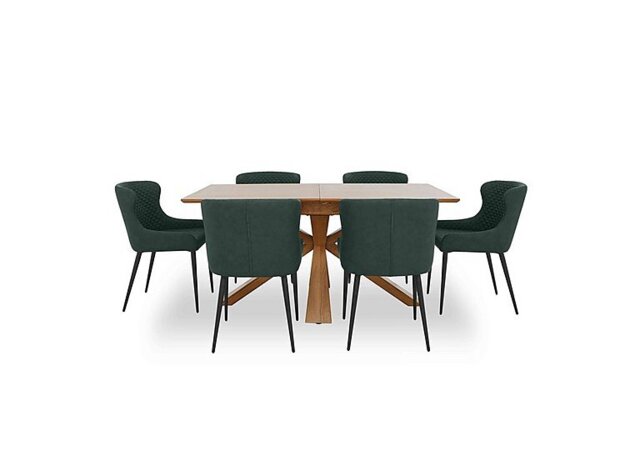 Hanoi Extending Table with Wooden Base and 6 Faux Leather Dining Chairs - Bottle Green