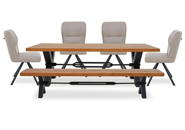 Bodahl - Terra Straight Edge Dining Table with Tension Bolt X-Leg, Bench and 4 Taupe Fabric Swivel Chairs - 240-cm