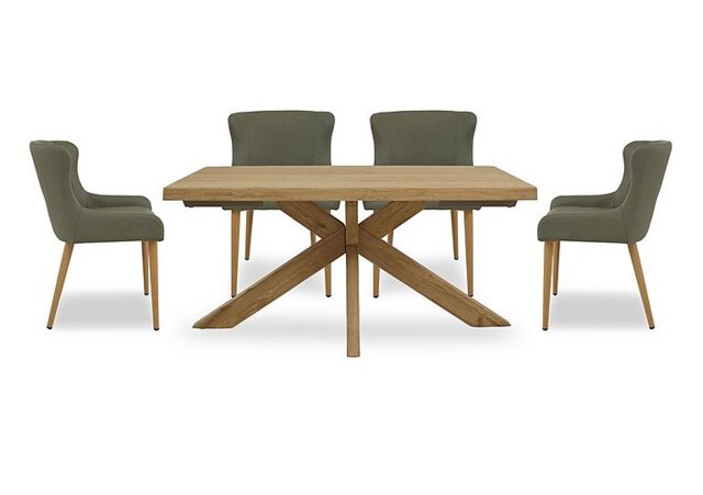 Riga Dining Table with Wooden Star Base and 4 Upholstered Chairs - 140-cm - Green