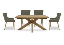 Riga Dining Table with Wooden Star Base and 4 Upholstered Chairs - 140-cm - Green