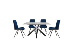 Samurai Compact Dining Table with White Ceramic Top and 4 Velvet Chairs - Blue