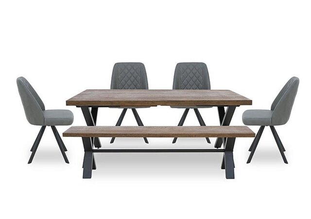 Jupiter Large Dining Table with X Shaped Legs, Bench and 4 Swivel Chairs - Grey