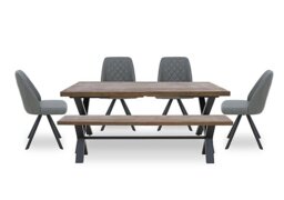 Jupiter Large Dining Table with X Shaped Legs, Bench and 4 Swivel Chairs - Grey