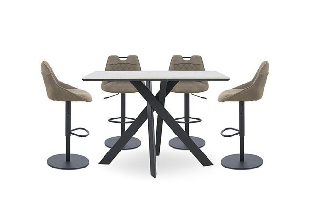Warrior Crystal White Table and 4 Swivel Bar Stools - Taupe
