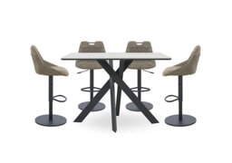 Warrior Crystal White Table and 4 Swivel Bar Stools - Taupe