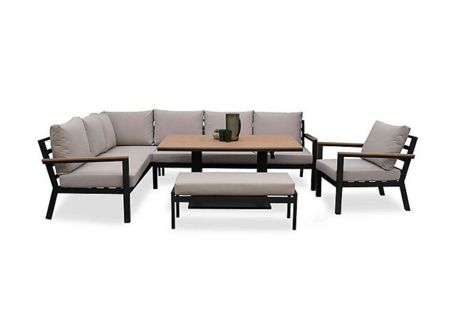 Bloom Left Hand Facing Corner Garden Sofa Set with Rectangular Rising Dining Table, Armchair and Stool