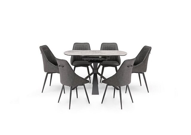 Crete Round Swivel Extending Dining Table and 6 Faux Leather Swivel Chairs