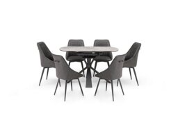 Crete Round Swivel Extending Dining Table and 6 Faux Leather Swivel Chairs