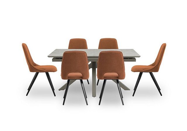 Matera Pop Up Extending Dining Table with Star Base and 6 Fabric Chairs with Black Legs