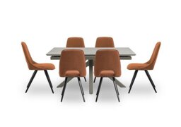 Matera Pop Up Extending Dining Table with Star Base and 6 Fabric Chairs with Black Legs