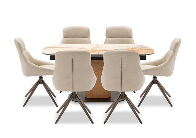 Arno Pop Up Extending Dining Table and 6 Faux Leather Swivel Chairs - 160-cm - Stone