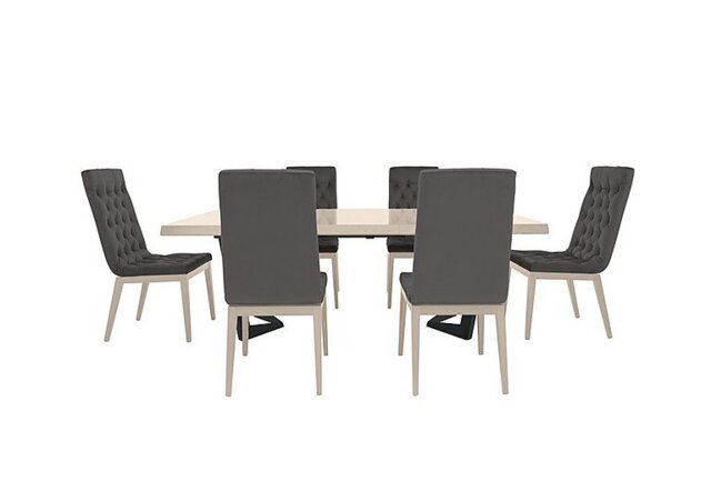 Palazzo 200cm Extending Dining Table in Sand Birch with 6 Capitonne Buttoned Chairs - Aquos Dark Grey