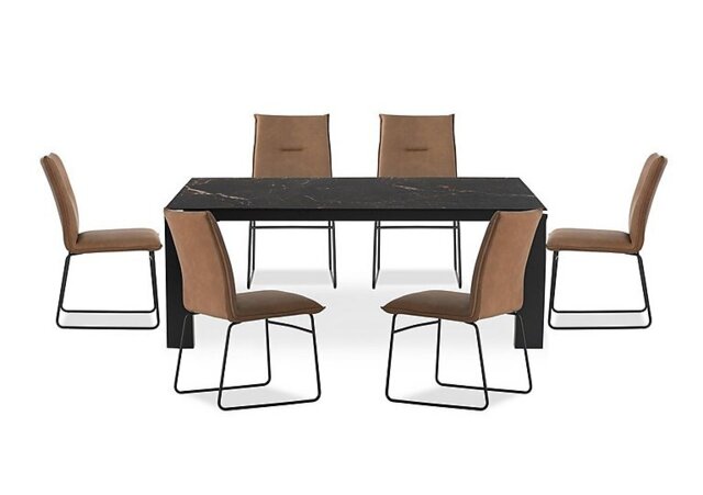 Connubia - Viola 220cm Extra Large Extending Dining Table with Calacatta Ceramic Top and Graphite Wooden Legs and 6 Maya Chairs - Tobacco