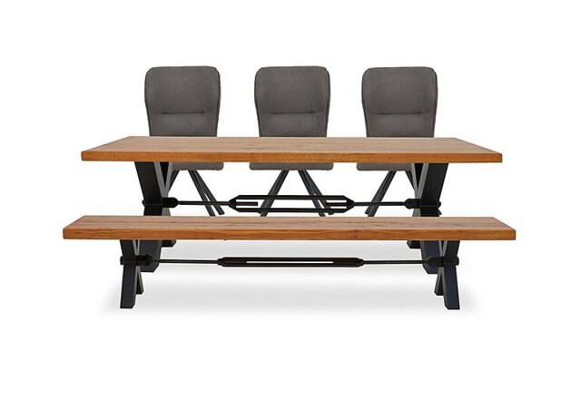 Bodahl - Terra Straight Edge Dining Table with Tension Bolt X-Leg, Bench and 3 Steel Fabric Swivel Chairs - 220-cm
