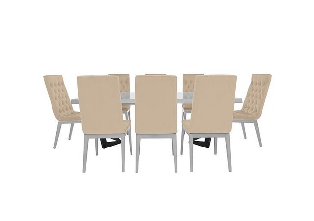 Palazzo 160cm Extending Dining Table in Glossy White with 8 Capitonne Buttoned Chairs - Aquos Cream