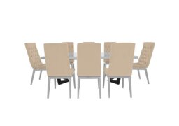 Palazzo 160cm Extending Dining Table in Glossy White with 8 Capitonne Buttoned Chairs - Aquos Cream