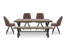 Jupiter Large Dining Table with X Shaped Legs, Bench and 4 Swivel Chairs