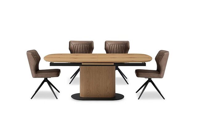 Jayden Pop Up Extending Dining Table and 4 Faux Leather Swivel Chairs - 180-cm - Light Brown