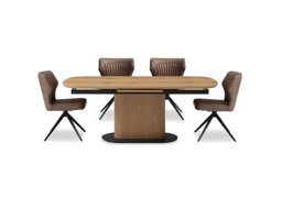 Jayden Pop Up Extending Dining Table and 4 Faux Leather Swivel Chairs - 180-cm - Light Brown