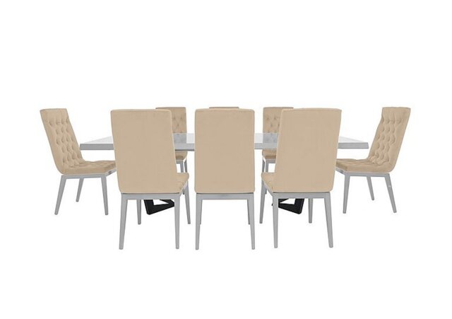 Palazzo 200cm Extending Dining Table in Glossy White with 8 Capitonne Buttoned Chairs - Aquos Cream