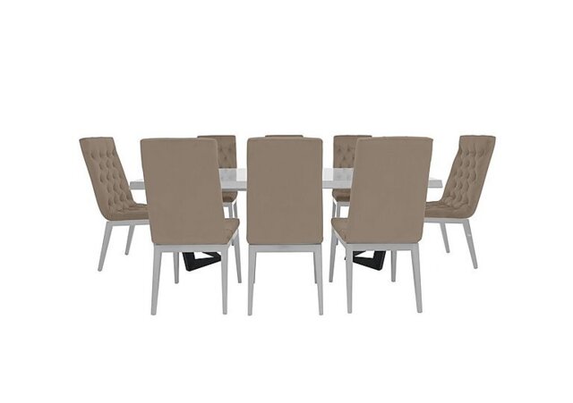 Palazzo 160cm Extending Dining Table in Glossy White with 8 Capitonne Buttoned Chairs - Aquos Taupe